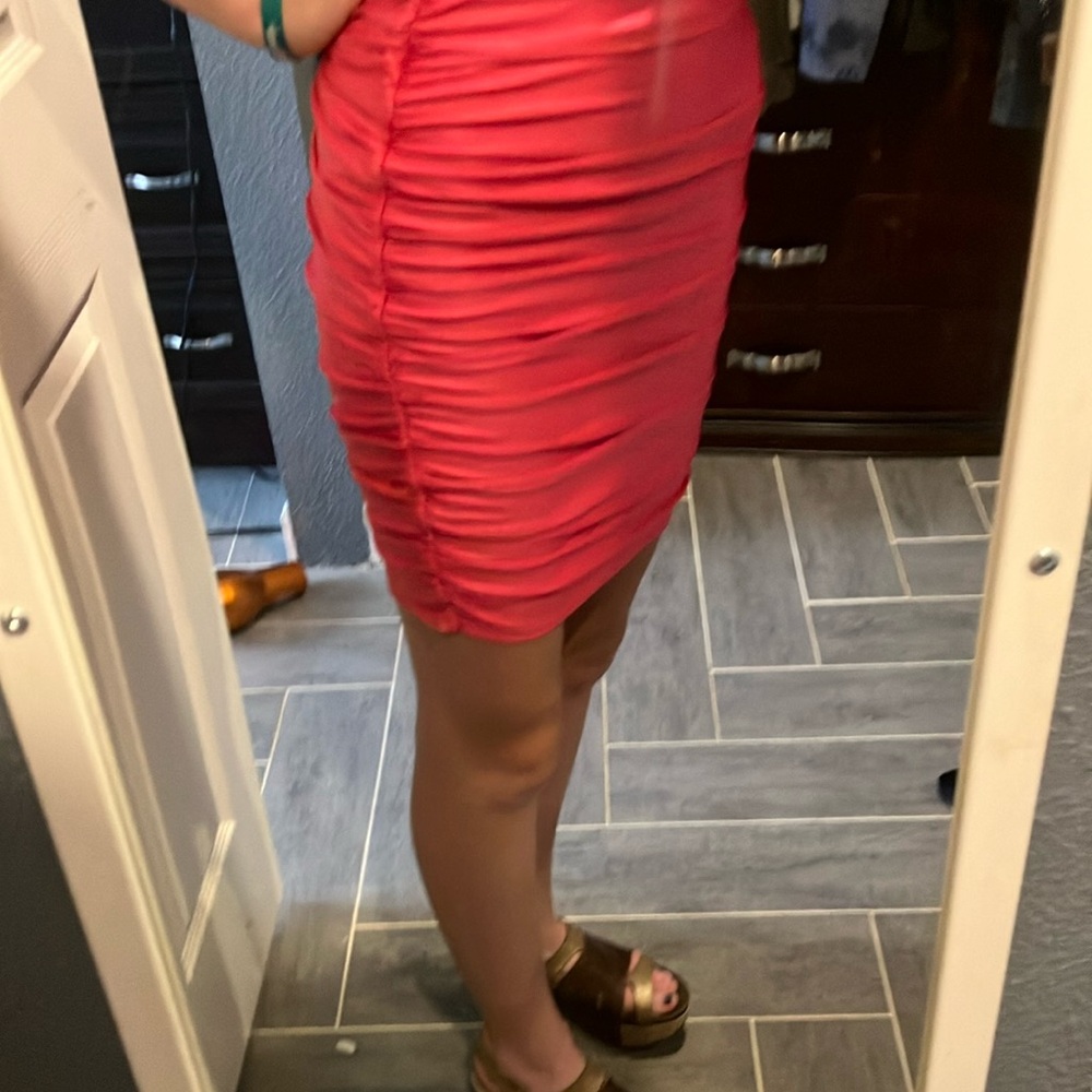 bebe side ruched silk midi skirt, hot pink, NWOT.